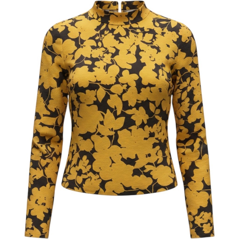 H&M Mustard Yellow Black Floral Long Sleeve Blouse Textured Crepe Top Size 8
